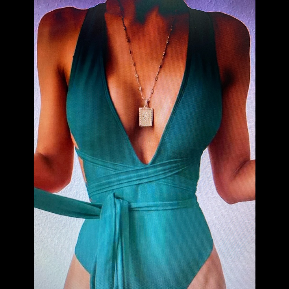 •Teal Green Plunged-Neck One Piece Swimsuit
